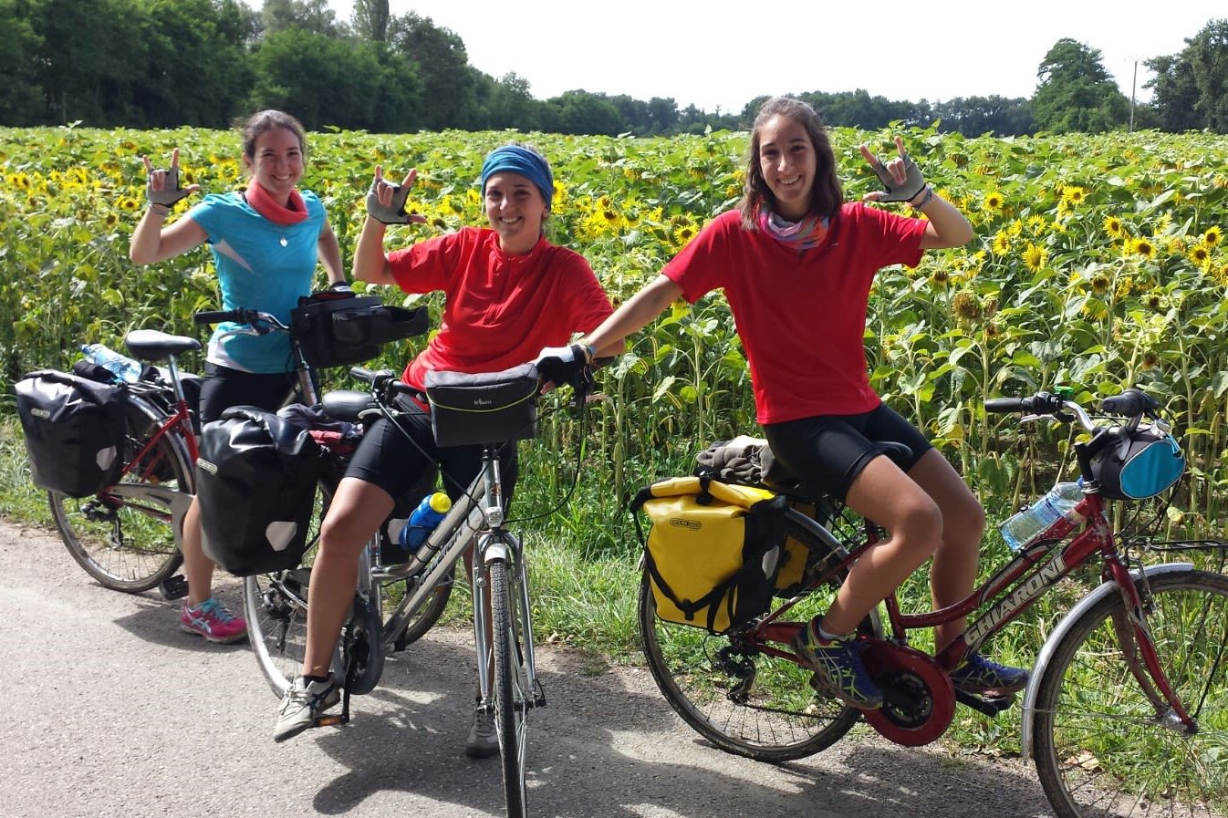 Famiglia in bicicletta tra i vigneti della campagna alsaziana.